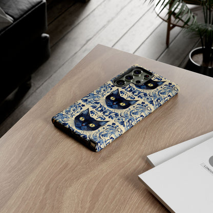 Tough Phone Case - Mediterranean Tile Motif With Blue Cats