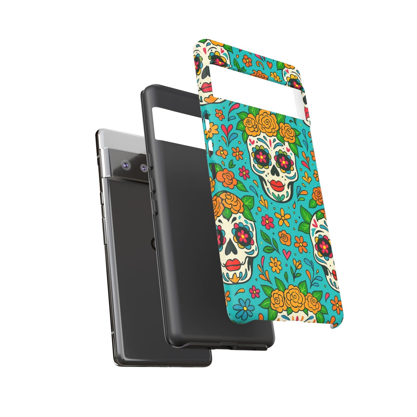 Teal Mexican Style Phone Cases With Floral Skulls - Dia De Los Muertos