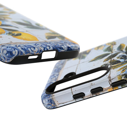 Phone Case, Coastal Tough Case With Lemons in Distressed Ceramic Tile Design, Protective Cover, Summer Accessory, Mediterranean Style iPhone
