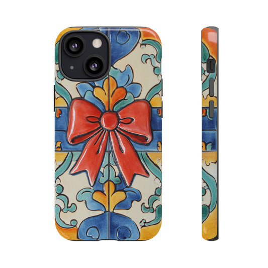 Colourful Ceramic Tile Design Phone Case With Red Bow