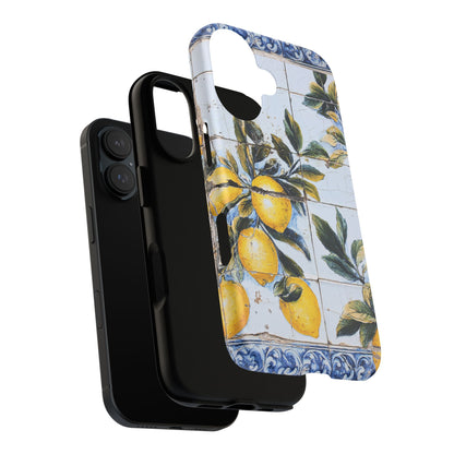 Phone Case, Coastal Tough Case With Lemons in Distressed Ceramic Tile Design, Protective Cover, Summer Accessory, Mediterranean Style iPhone