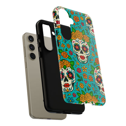 Teal Mexican Style Phone Cases With Floral Skulls - Dia De Los Muertos