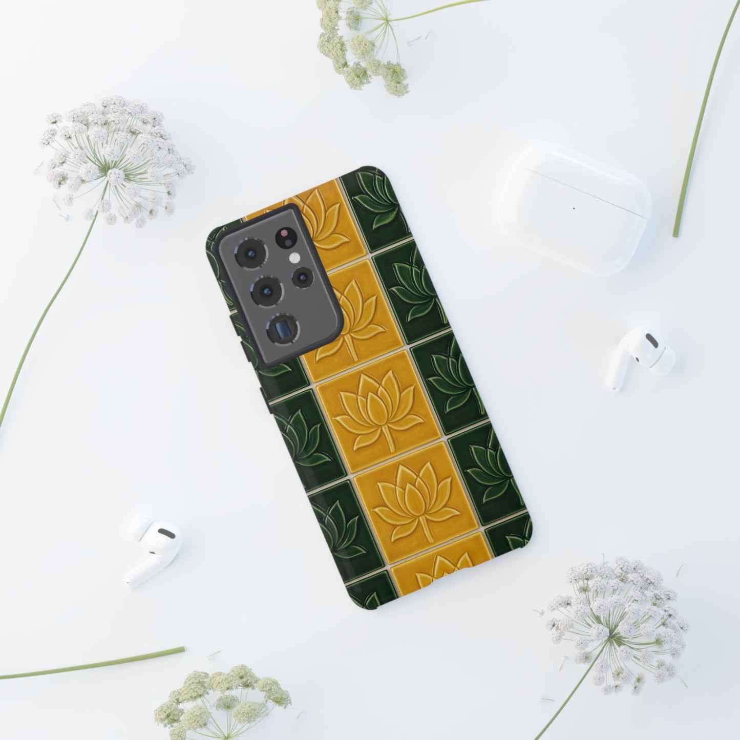 Tough Phone Cases - Mustard Yellow & Green Ceramic Tile From Caldas Da Rhaina, Portugal