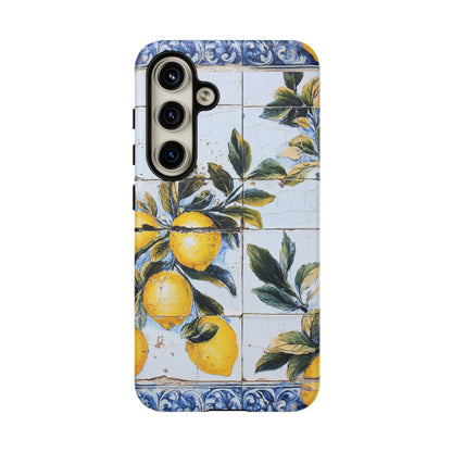 Phone Case, Coastal Tough Case With Lemons in Distressed Ceramic Tile Design, Protective Cover, Summer Accessory, Mediterranean Style iPhone