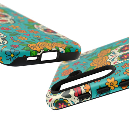 Teal Mexican Style Phone Cases With Floral Skulls - Dia De Los Muertos