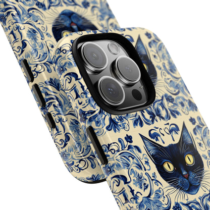 Tough Phone Case - Mediterranean Tile Motif With Blue Cats