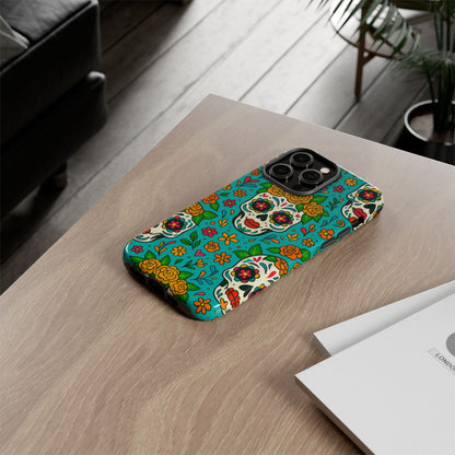 Teal Mexican Style Phone Cases With Floral Skulls - Dia De Los Muertos