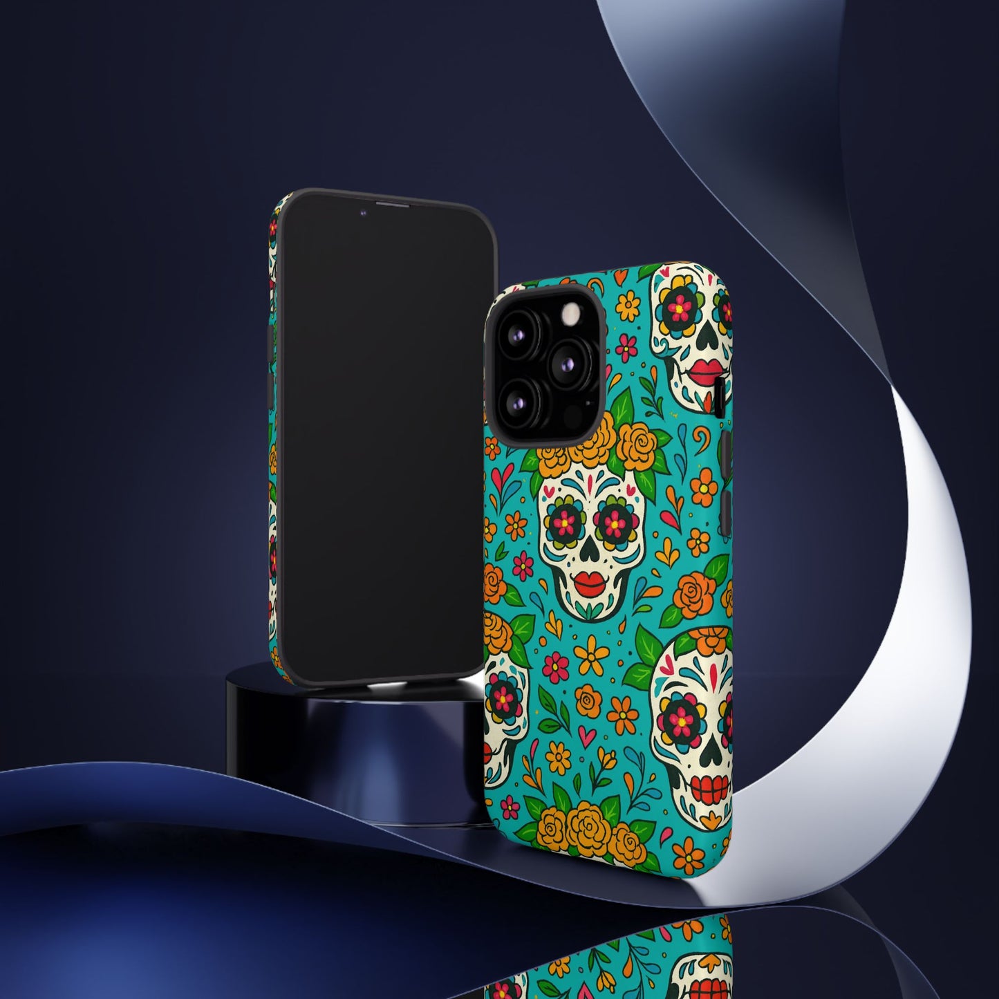 Teal Mexican Style Phone Cases With Floral Skulls - Dia De Los Muertos