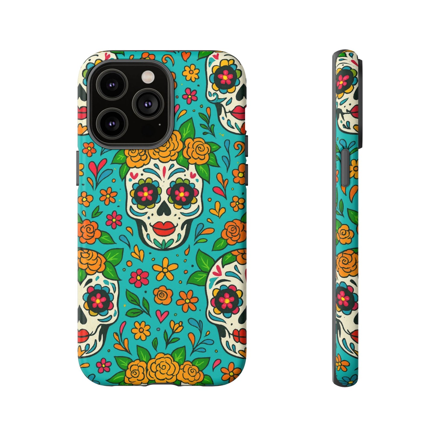 Teal Mexican Style Phone Cases With Floral Skulls - Dia De Los Muertos