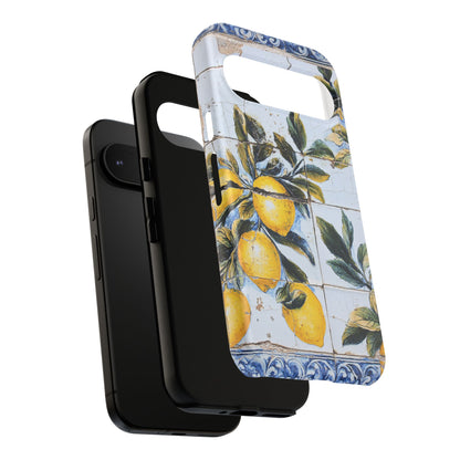 Phone Case, Coastal Tough Case With Lemons in Distressed Ceramic Tile Design, Protective Cover, Summer Accessory, Mediterranean Style iPhone