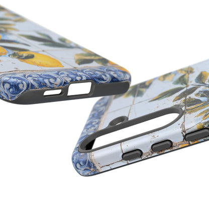 Phone Case, Coastal Tough Case With Lemons in Distressed Ceramic Tile Design, Protective Cover, Summer Accessory, Mediterranean Style iPhone