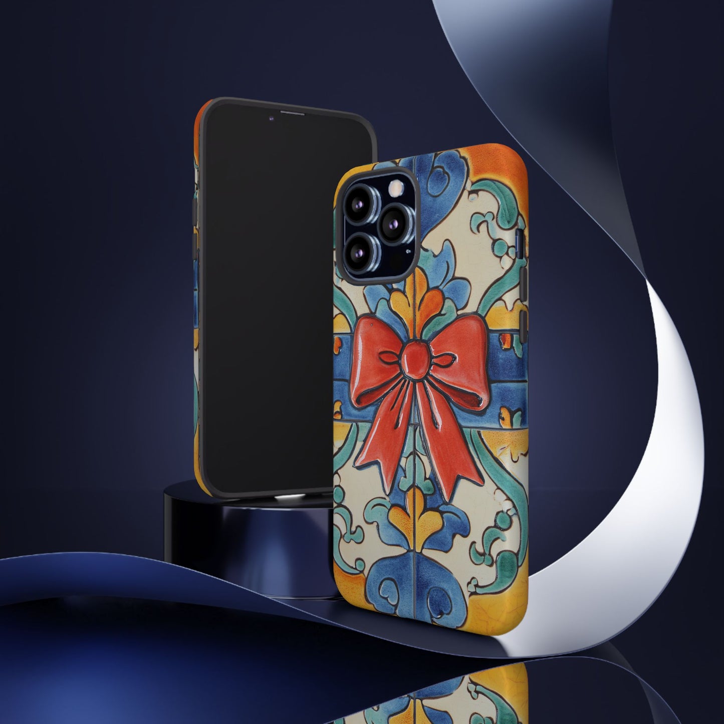 Colourful Ceramic Tile Design Phone Case With Red Bow