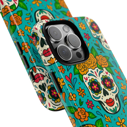 Teal Mexican Style Phone Cases With Floral Skulls - Dia De Los Muertos