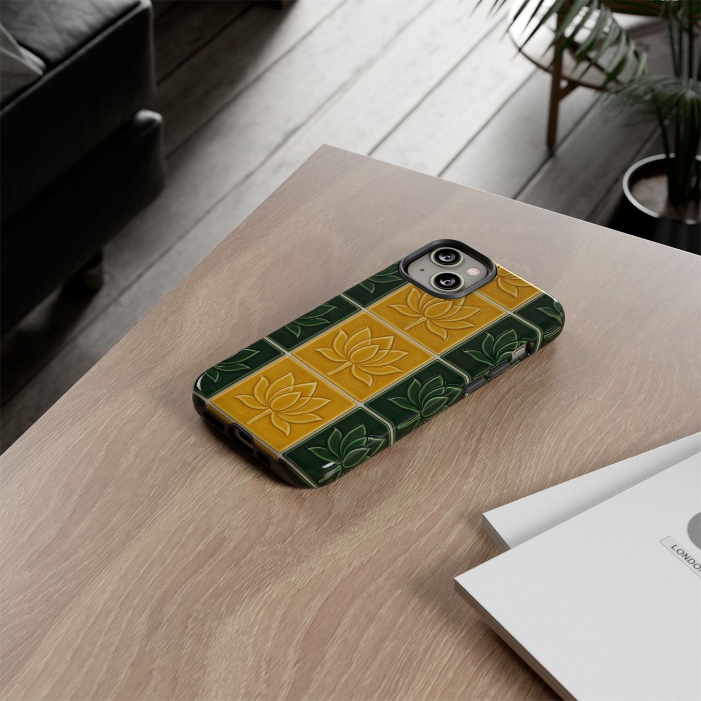 Tough Phone Cases - Mustard Yellow & Green Ceramic Tile From Caldas Da Rhaina, Portugal