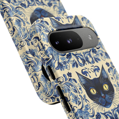 Tough Phone Case - Mediterranean Tile Motif With Blue Cats