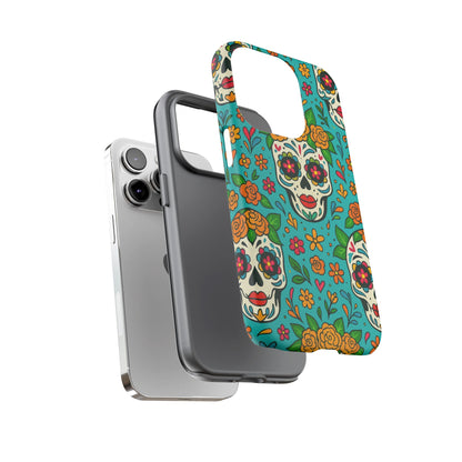 Teal Mexican Style Phone Cases With Floral Skulls - Dia De Los Muertos