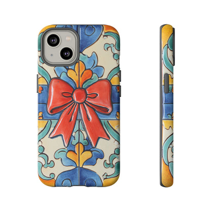 Colourful Ceramic Tile Design Phone Case With Red Bow
