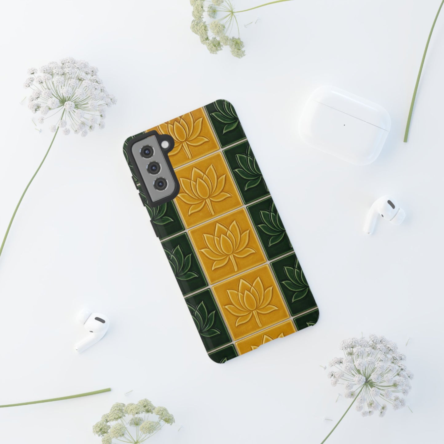 Tough Phone Cases - Mustard Yellow & Green Ceramic Tile From Caldas Da Rhaina, Portugal