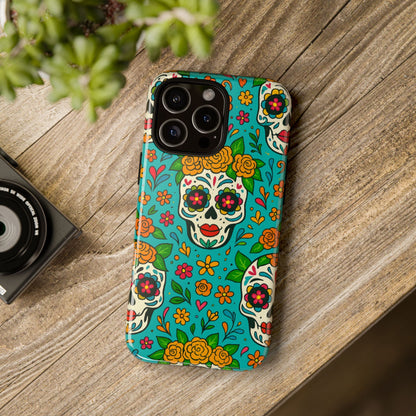 Teal Mexican Style Phone Cases With Floral Skulls - Dia De Los Muertos