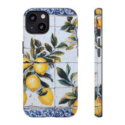 Phone Case, Coastal Tough Case With Lemons in Distressed Ceramic Tile Design, Protective Cover, Summer Accessory, Mediterranean Style iPhone