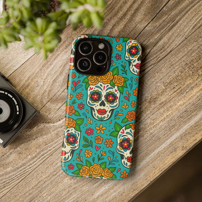 Teal Mexican Style Phone Cases With Floral Skulls - Dia De Los Muertos