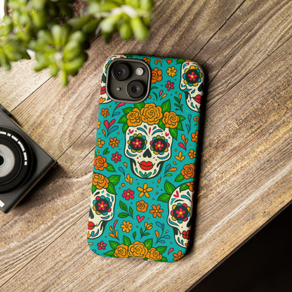 Teal Mexican Style Phone Cases With Floral Skulls - Dia De Los Muertos