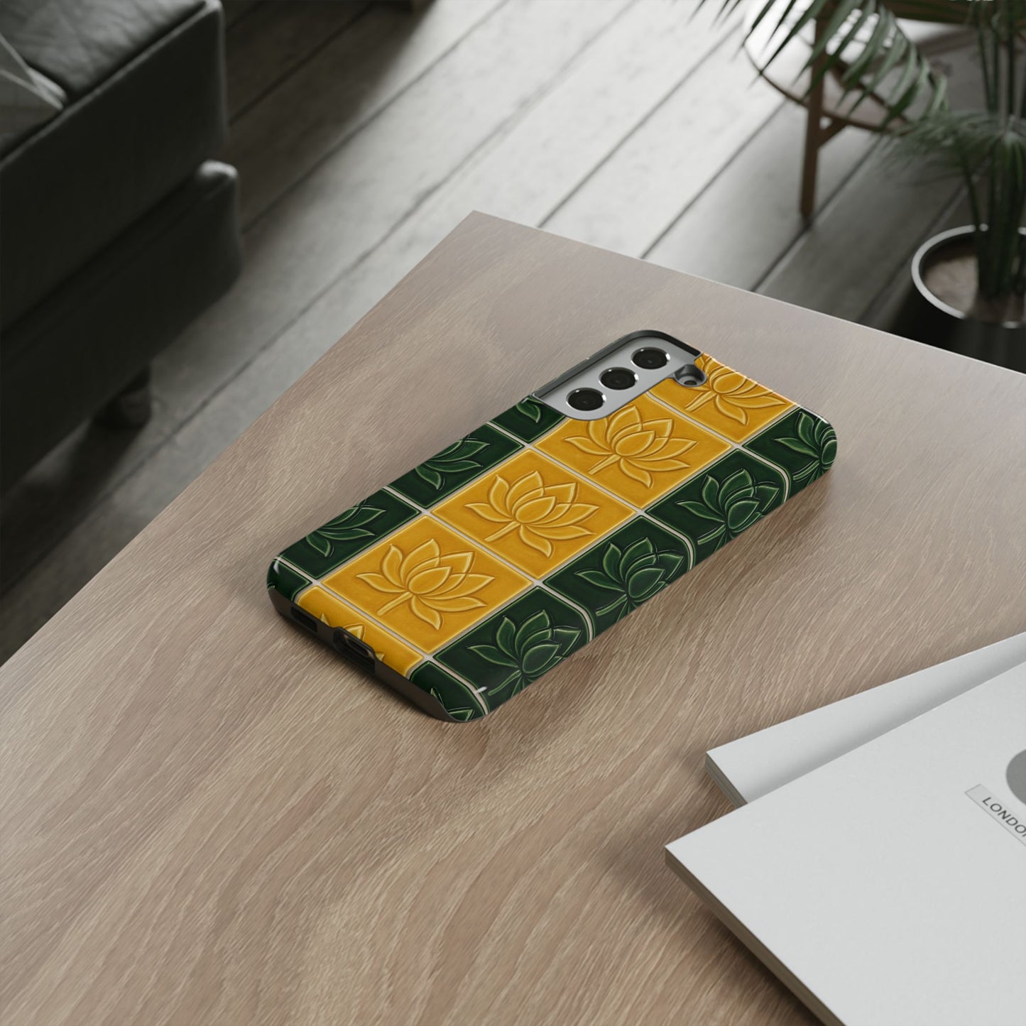 Tough Phone Cases - Mustard Yellow & Green Ceramic Tile From Caldas Da Rhaina, Portugal