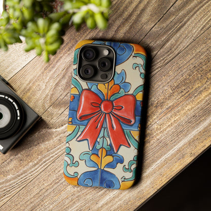 Colourful Ceramic Tile Design Phone Case With Red Bow