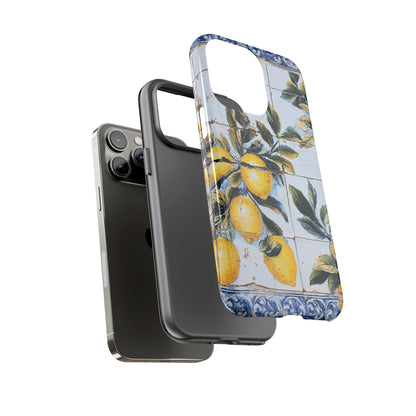 Phone Case, Coastal Tough Case With Lemons in Distressed Ceramic Tile Design, Protective Cover, Summer Accessory, Mediterranean Style iPhone