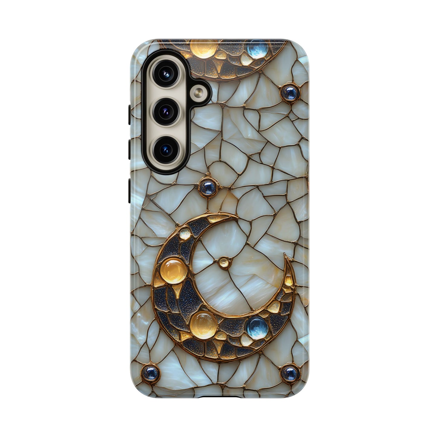 Celestial Phone Case - White Stained Glass & Gold Crescent Moon Print