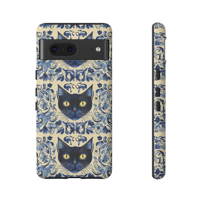 Tough Phone Case - Mediterranean Tile Motif With Blue Cats