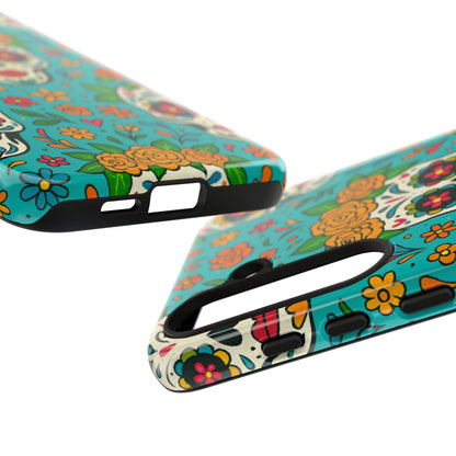 Teal Mexican Style Phone Cases With Floral Skulls - Dia De Los Muertos