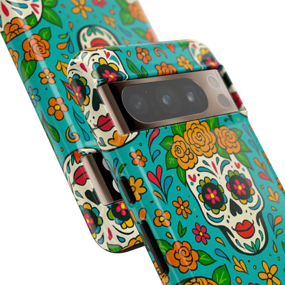 Teal Mexican Style Phone Cases With Floral Skulls - Dia De Los Muertos