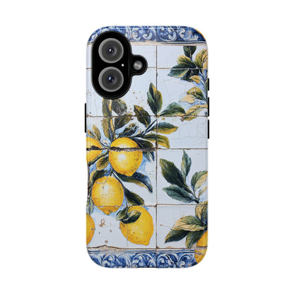Phone Case, Coastal Tough Case With Lemons in Distressed Ceramic Tile Design, Protective Cover, Summer Accessory, Mediterranean Style iPhone