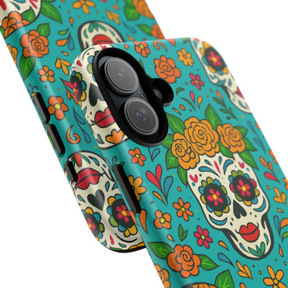 Teal Mexican Style Phone Cases With Floral Skulls - Dia De Los Muertos