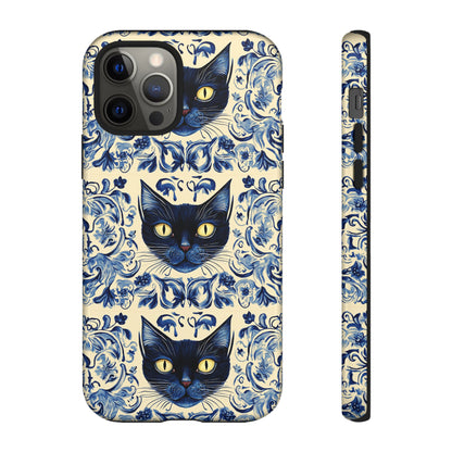 Tough Phone Case - Mediterranean Tile Motif With Blue Cats