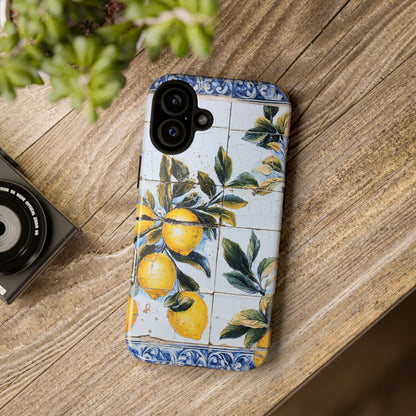 Phone Case, Coastal Tough Case With Lemons in Distressed Ceramic Tile Design, Protective Cover, Summer Accessory, Mediterranean Style iPhone