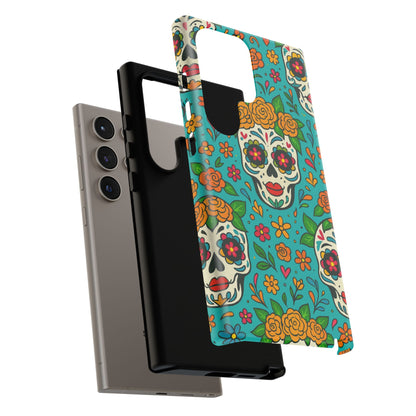 Teal Mexican Style Phone Cases With Floral Skulls - Dia De Los Muertos