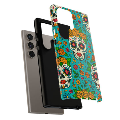 Teal Mexican Style Phone Cases With Floral Skulls - Dia De Los Muertos