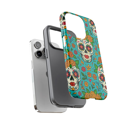 Teal Mexican Style Phone Cases With Floral Skulls - Dia De Los Muertos