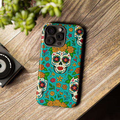 Teal Mexican Style Phone Cases With Floral Skulls - Dia De Los Muertos