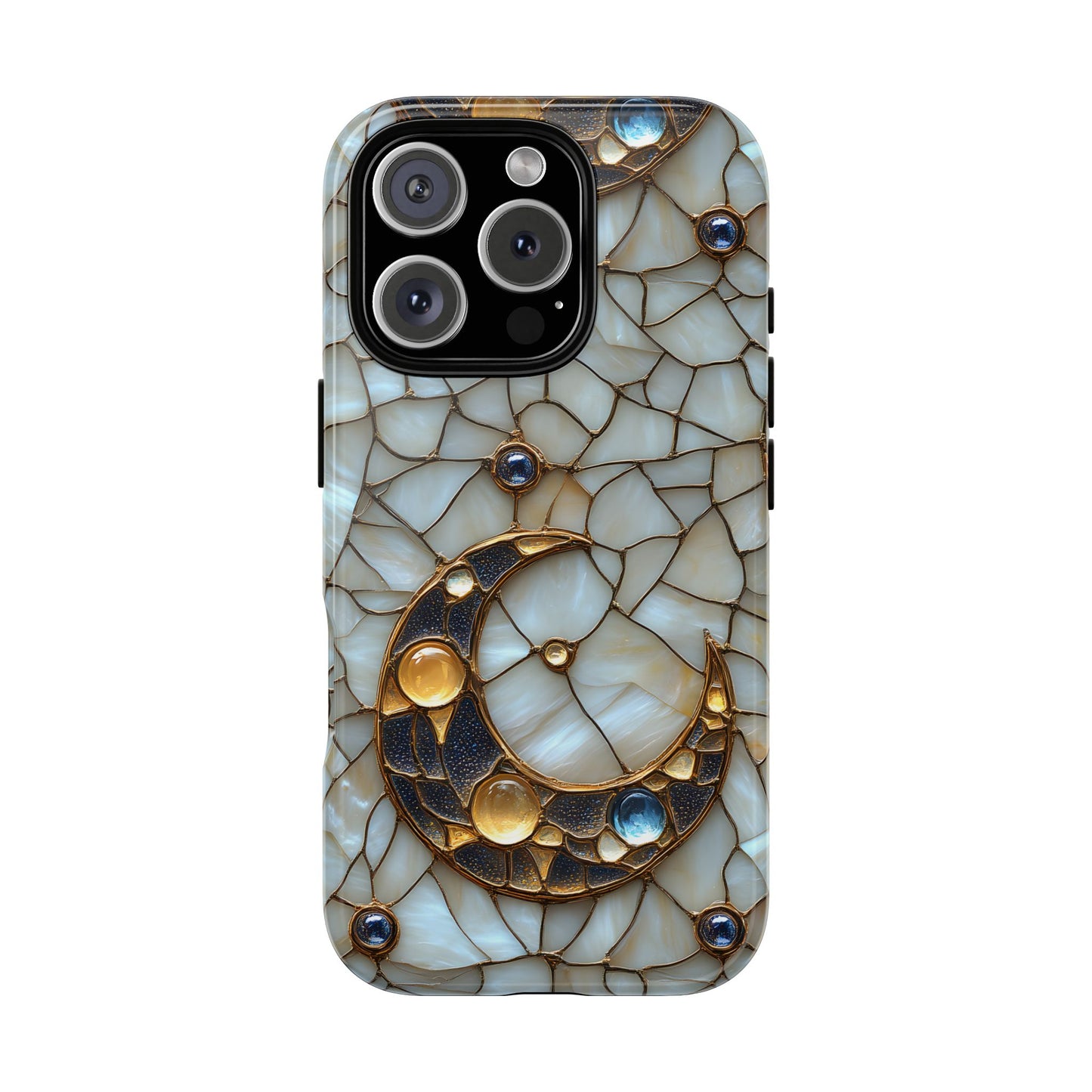 Celestial Phone Case - White Stained Glass & Gold Crescent Moon Print