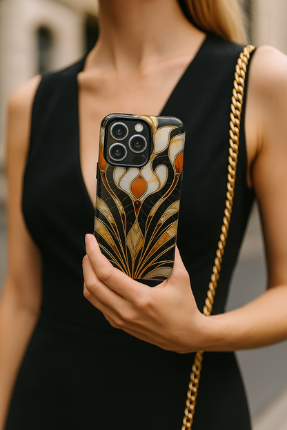 Art Deco Stained Glass Phone Case – Elegant Gold & Black Design