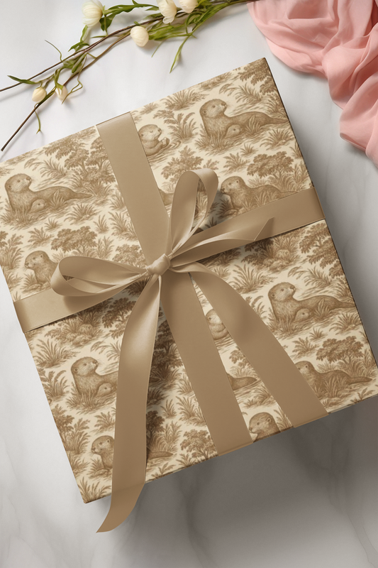 Brown Toile Gift Wrapping Paper With Sea Otters