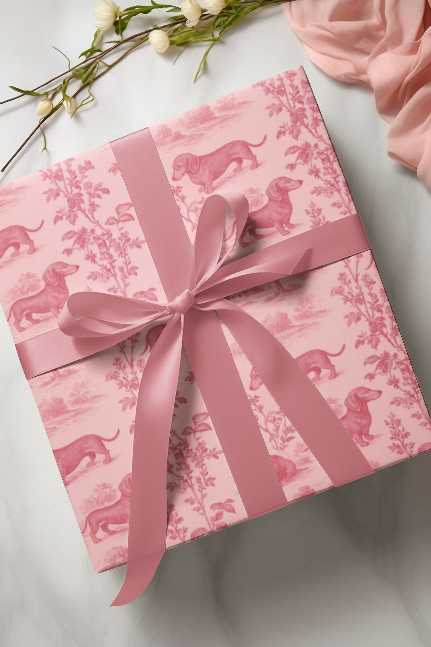 Dachshunds Gift Wrapping Paper in Pastel Pink Toile Aesthetic